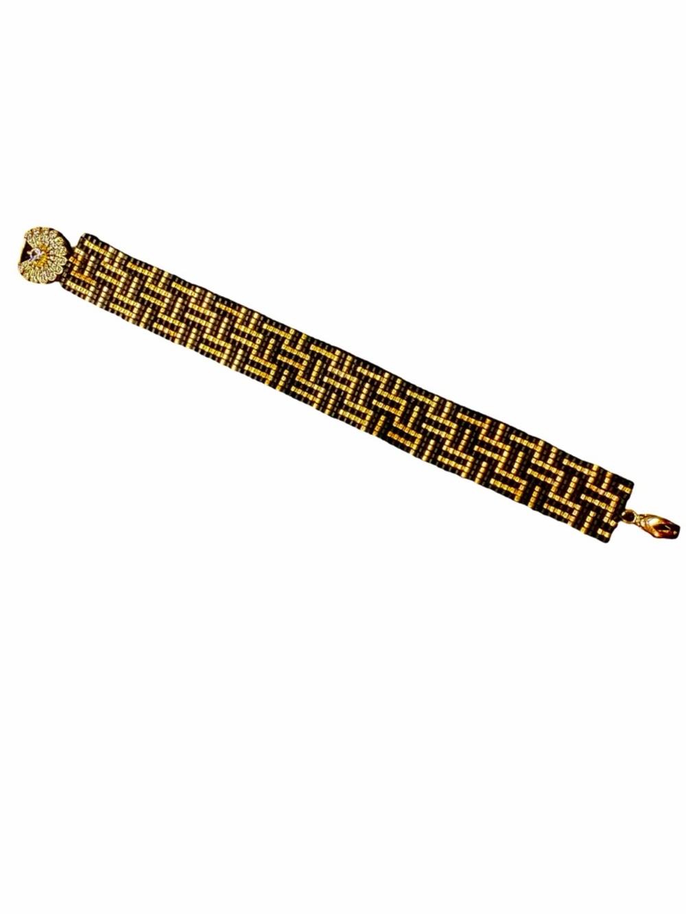 Black Gold Art Deco Beaded Bracelet | Geometric Loom Cuff | CZ Clasp - Picture 10 of 11